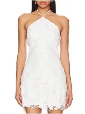 ROCOCO SAND Mini Dress in white delicate floral lace Halter neckline Women’s XS